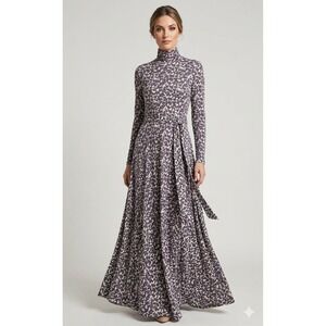 Boden Floral Midi Dress Womens 12 Grey Ivory Long Sleeve Mock Neck Belted Jersey